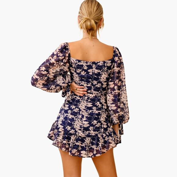 NWT PETAL + PUP Floral Puff Sleeve Ruffle Hem Mini Dress (Navy/Beige | Size 4) - Picture 6 of 11